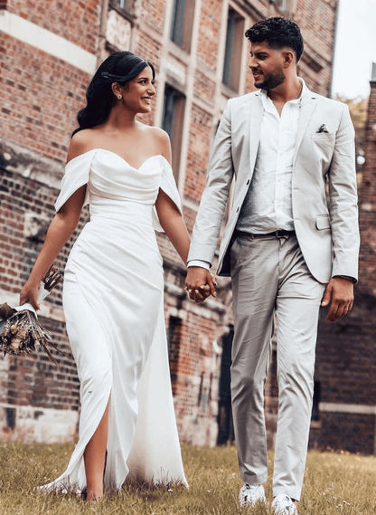 Off-The-Shoulder Sheath Fitted Slit Wedding Dresses Satin