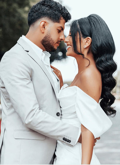 Off-The-Shoulder Sheath Fitted Slit Wedding Dresses Satin