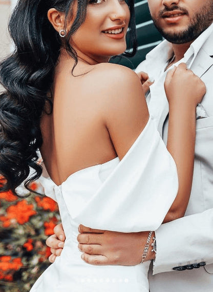 Off-The-Shoulder Sheath Fitted Slit Wedding Dresses Satin