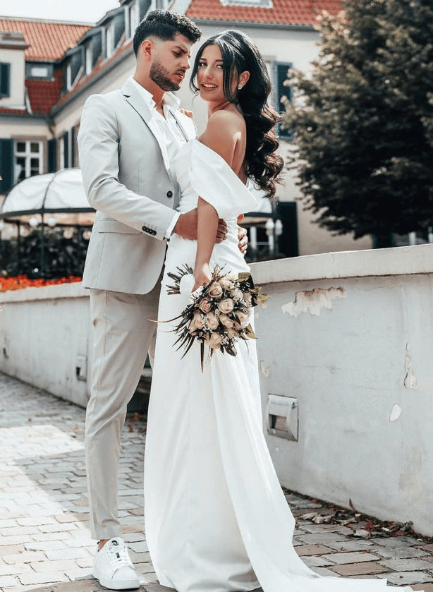 Off-The-Shoulder Sheath Fitted Slit Wedding Dresses Satin