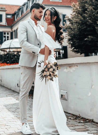 Off-The-Shoulder Sheath Fitted Slit Wedding Dresses Satin