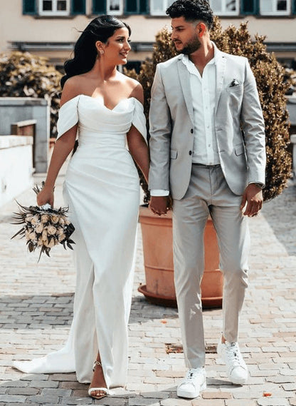 Off-The-Shoulder Sheath Fitted Slit Wedding Dresses Satin