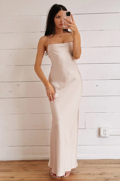 Sage - Spaghetti Straps Sheath Satin Lace Up Long Prom Dresses