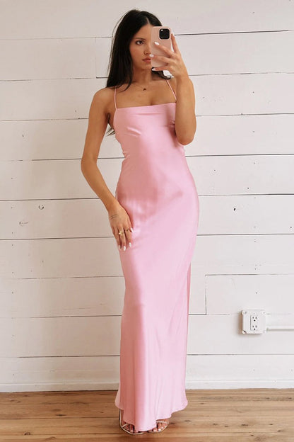 Sage - Spaghetti Straps Sheath Satin Lace Up Long Prom Dresses