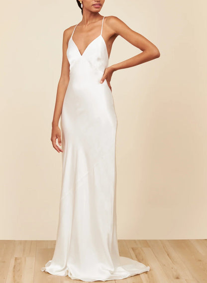 Open Back Silk Like Satin Wedding Dresses Spaghetti Straps