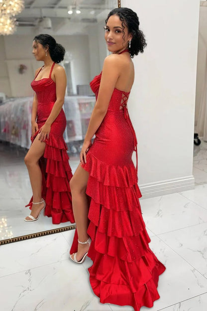 Red - Halter Mermaid Satin Beaded Long Formal Prom Dresses With Ruffles