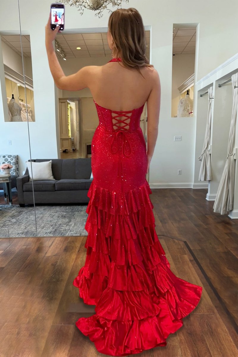 Red - Halter Mermaid Satin Beaded Long Formal Prom Dresses With Ruffles