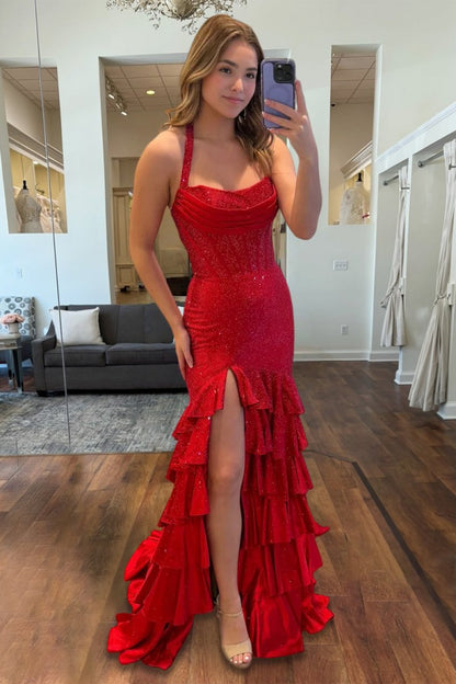 Red - Halter Mermaid Satin Beaded Long Formal Prom Dresses With Ruffles