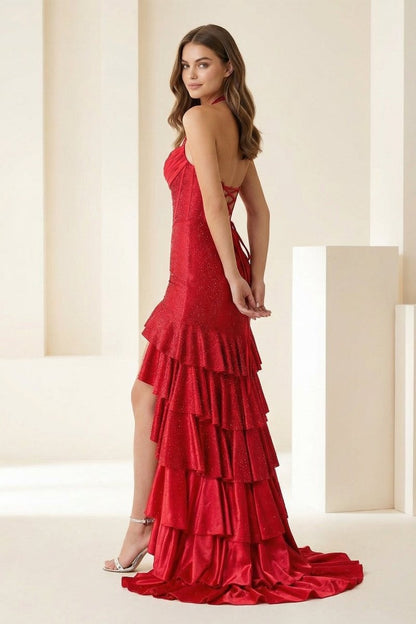 Red - Halter Mermaid Satin Beaded Long Formal Prom Dresses With Ruffles
