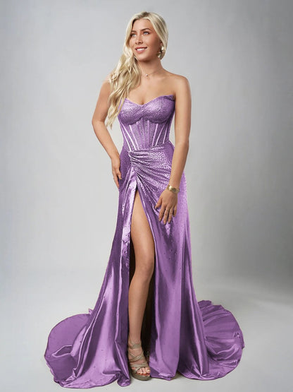 Mermaid Gold Satin Corset Long Prom Dresses with Slit
