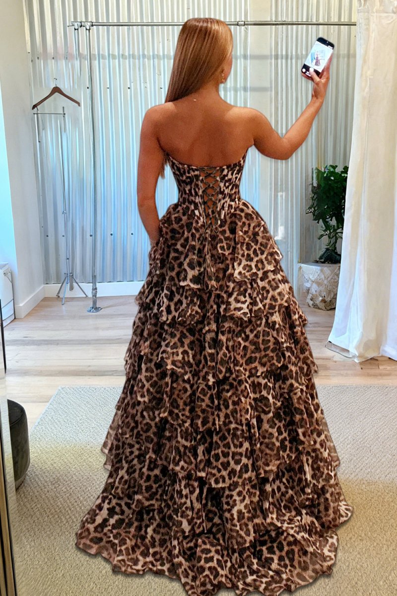 Leopard - Strapless A Line Chiffon Ruffled Long Prom Dresses With Appliques