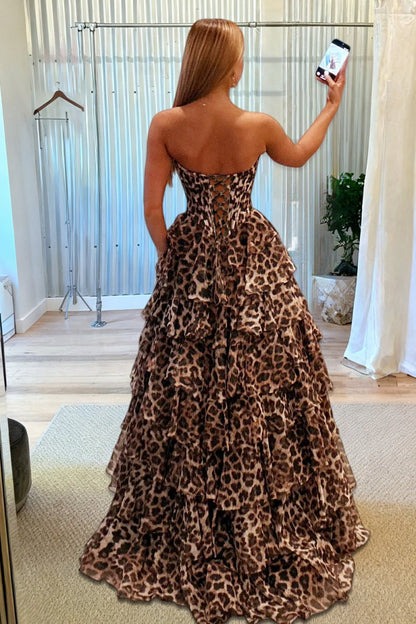 Leopard - Strapless A Line Chiffon Ruffled Long Prom Dresses With Appliques