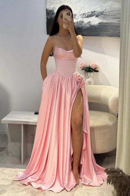 Pink - Strapless Satin Beaded A Line Prom Dresses With Slit