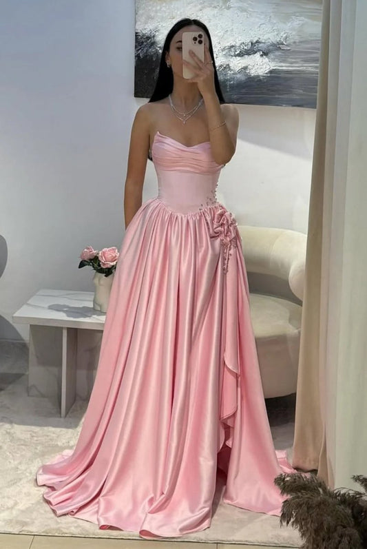 Pink - Strapless Satin Beaded A Line Prom Dresses With Slit