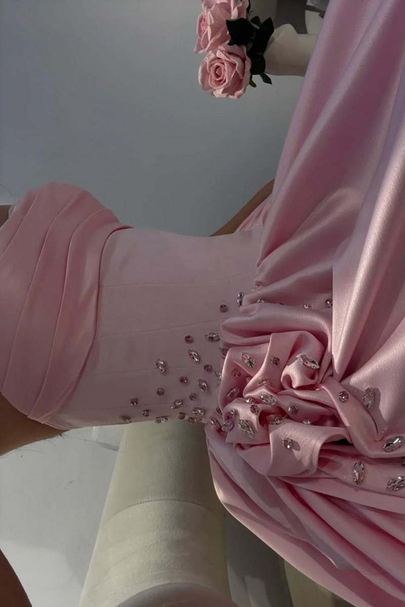 Pink - Strapless Satin Beaded A Line Prom Dresses With Slit