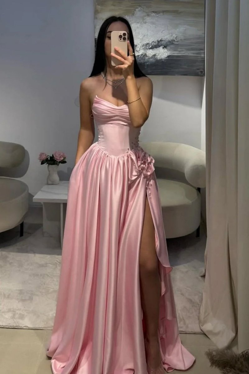Pink - Strapless Satin Beaded A Line Prom Dresses With Slit