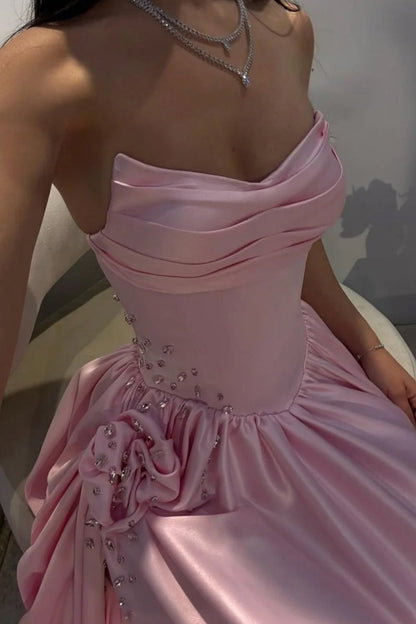 Pink - Strapless Satin Beaded A Line Prom Dresses With Slit