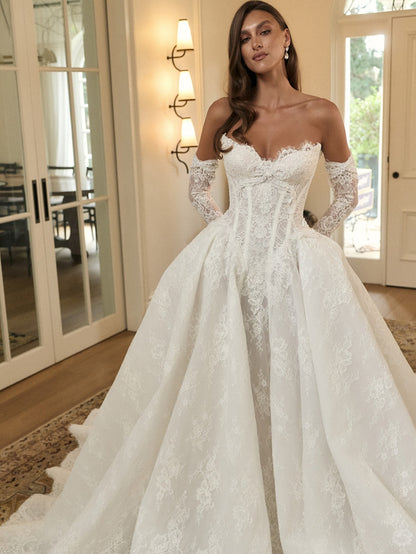 Sweetheart Detachable Long Sleeve A-Line Court Train Wedding Dress