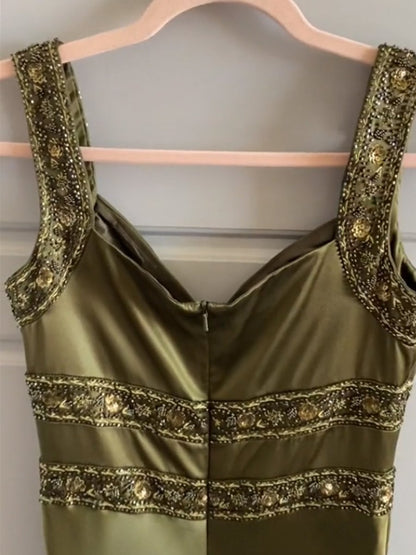 Olive Green Sheath Satin Beaded Long Prom Dresses