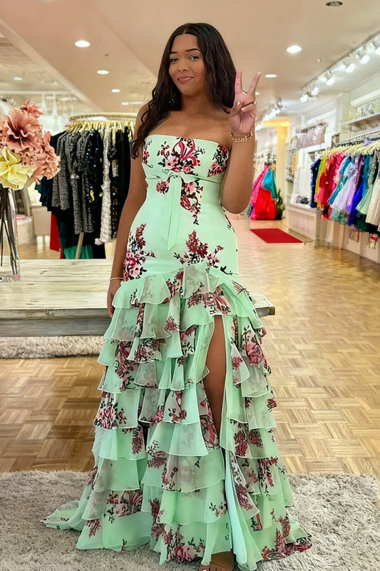 Sage - Strapless Sheath Floral Chiffon Ruffles Long Formal Prom Dresses With Bow