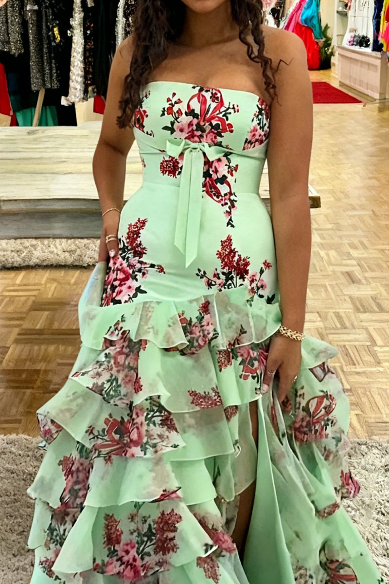 Sage - Strapless Sheath Floral Chiffon Ruffles Long Formal Prom Dresses With Bow