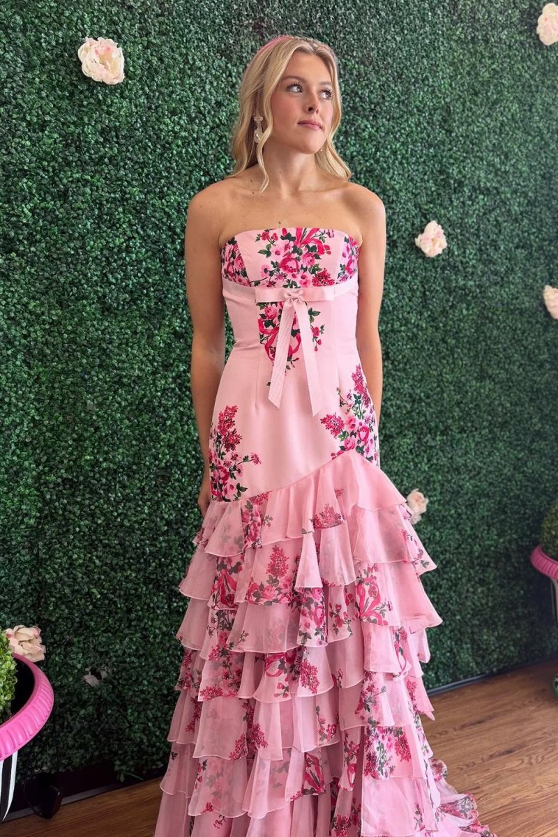 Pink - Strapless Sheath Floral Chiffon Ruffles Long Formal Prom Dresses With Bow