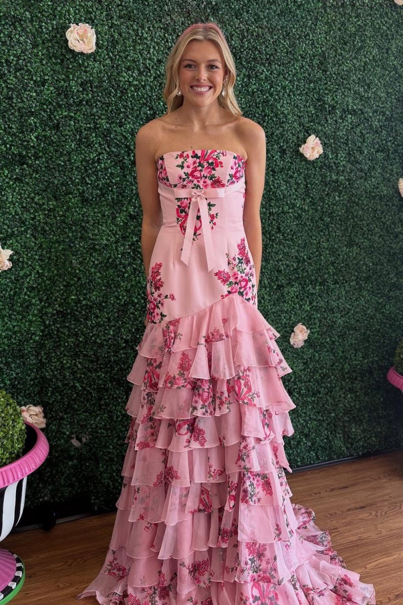 Pink - Strapless Sheath Floral Chiffon Ruffles Long Formal Prom Dresses With Bow