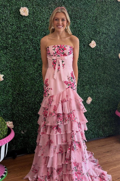 Pink - Strapless Sheath Floral Chiffon Ruffles Long Formal Prom Dresses With Bow