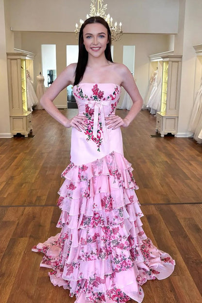 Pink - Strapless Sheath Floral Chiffon Ruffles Long Formal Prom Dresses With Bow