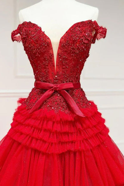 Pink A Line Tulle Ruffles Off the Shoulder Long Prom Dresses with Bow
