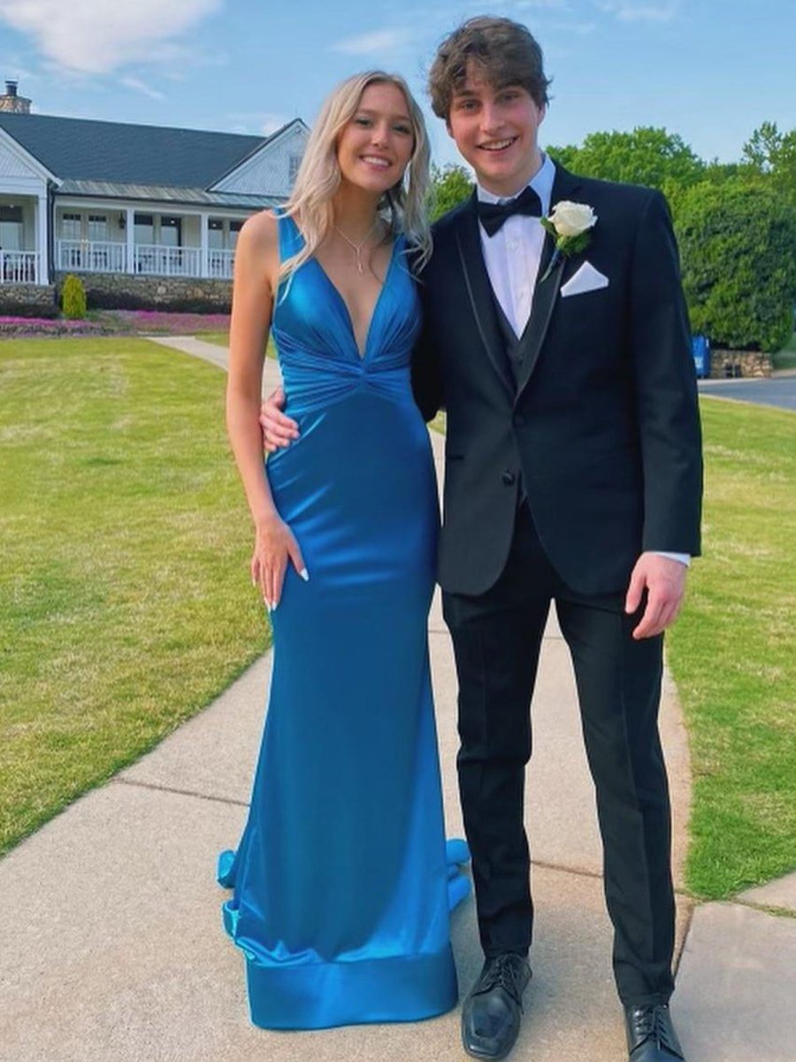 Plunge Blue Satin Ruched Mermaid Prom Dress