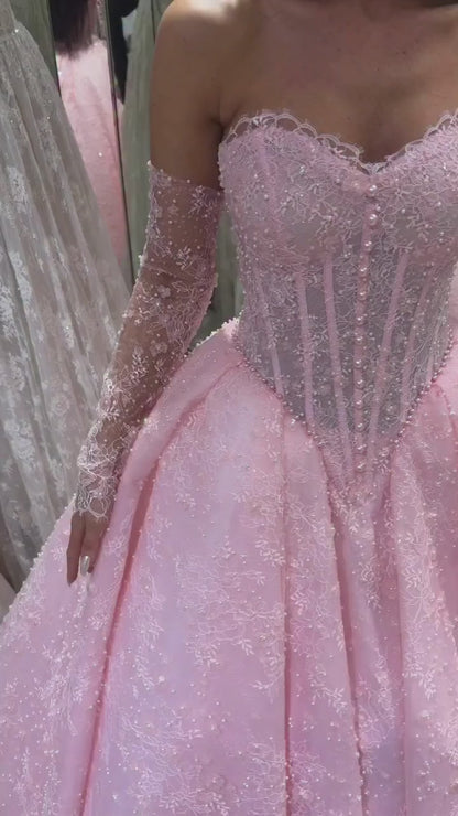 Pink Sweetheart Long Sleeve Lace A-Line Floor-Length Wedding Dress