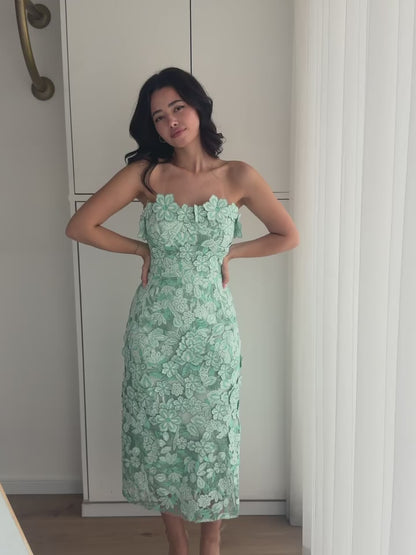 Strapless 3D Floral Applique Midi Dress