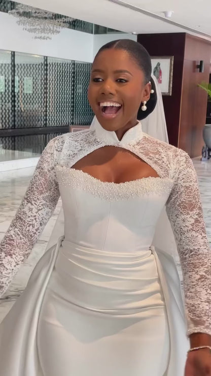 Lace Long Sleeve Mermaid Court Train Cutout Floor-Length Wedding Dress