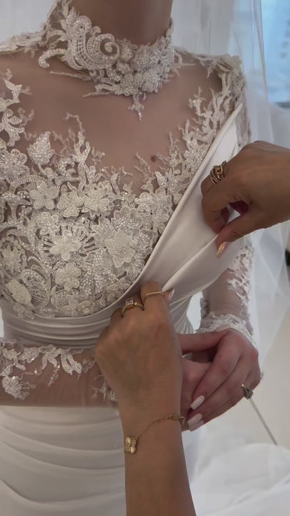Lace Applique High Neck Long Sleeve Mermaid Wedding Dress