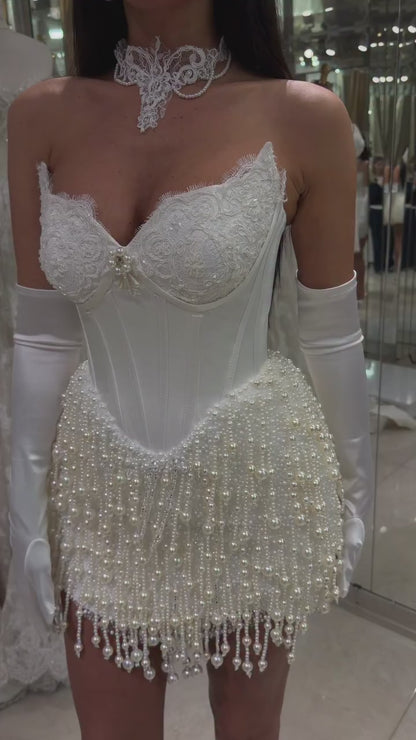 Sweetheart Gloves Sleeveless Beaded Mermaid Short Mini Wedding Dress