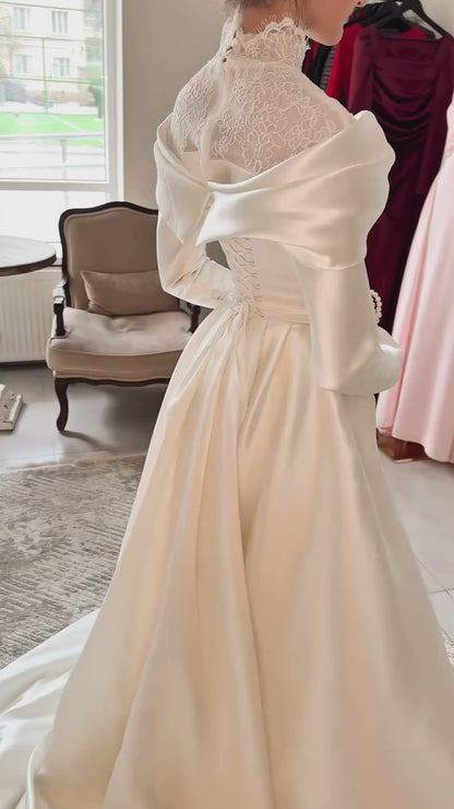 Lace Long Sleeve A-Line Court Train Floor-Length Wedding Dress