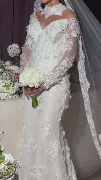 High Neck Lace Mermaid Wedding Dress with Corset