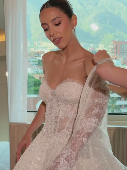 Lace Long Sleeve Sparkle Applique A-Line Floor-Length Wedding Dress