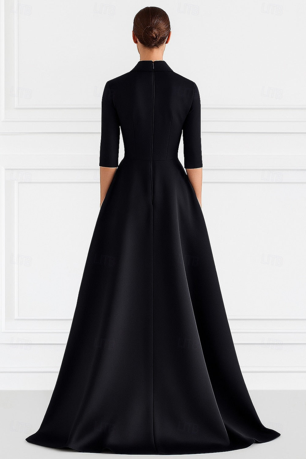 Black 3/4 Sleeve Applique A-Line Side Slit Floor-Length Evening Dressa