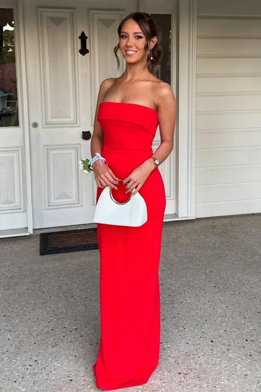 Red - Strapless Sheath Satin Pleated Long Formal Prom Dresses