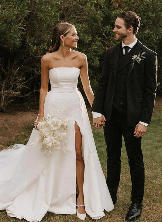 Retro style Satin Tulle Wedding Dress Split Front