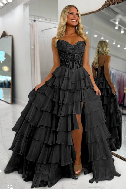 Black - Strapless A Line Chiffon Ruffled Prom Dresses With Appliques