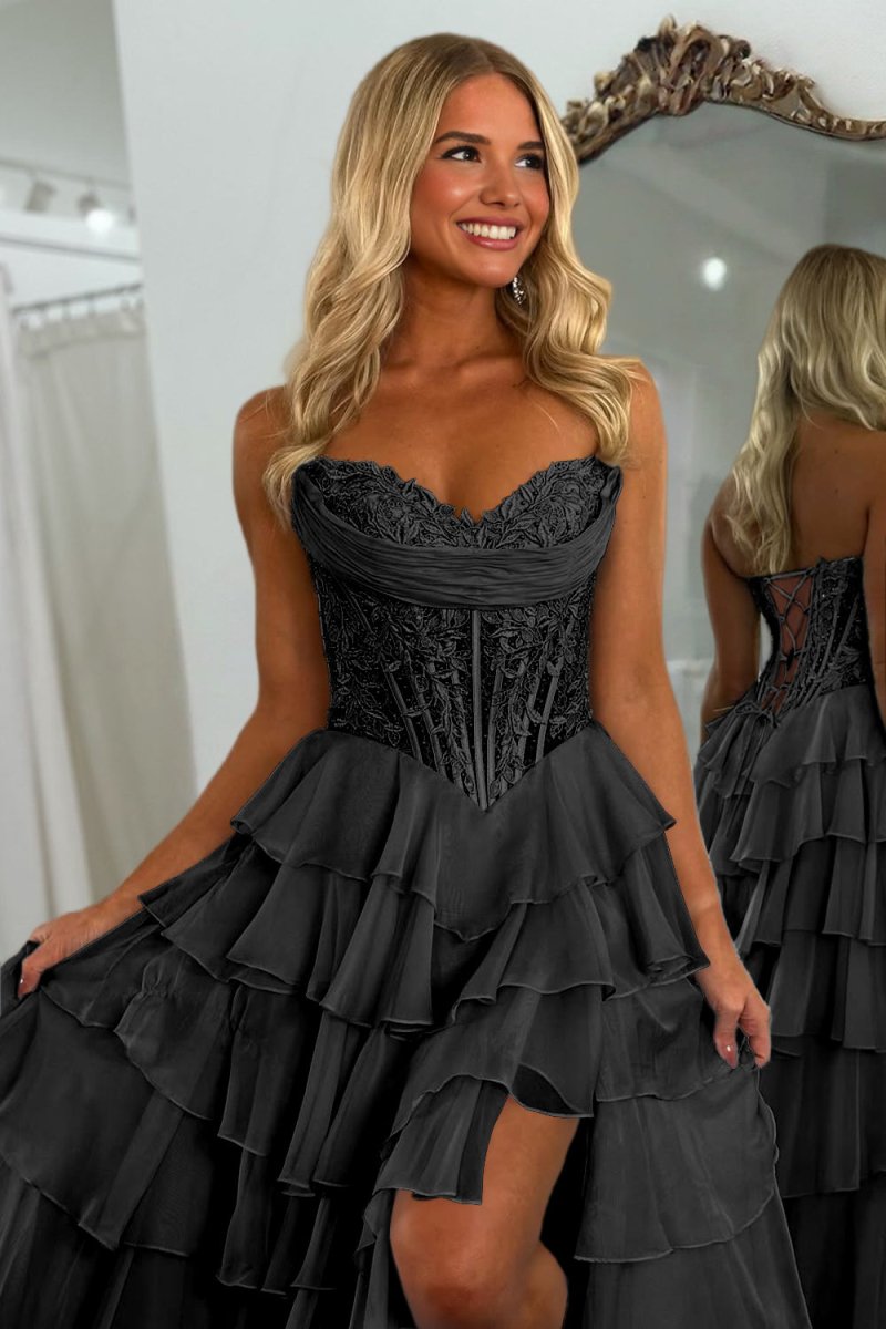 Black - Strapless A Line Chiffon Ruffled Prom Dresses With Appliques