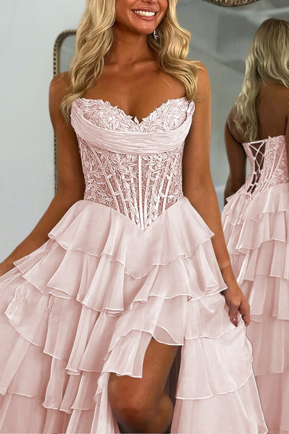 Pink - Strapless A Line Chiffon Ruffled Prom Dresses With Appliques