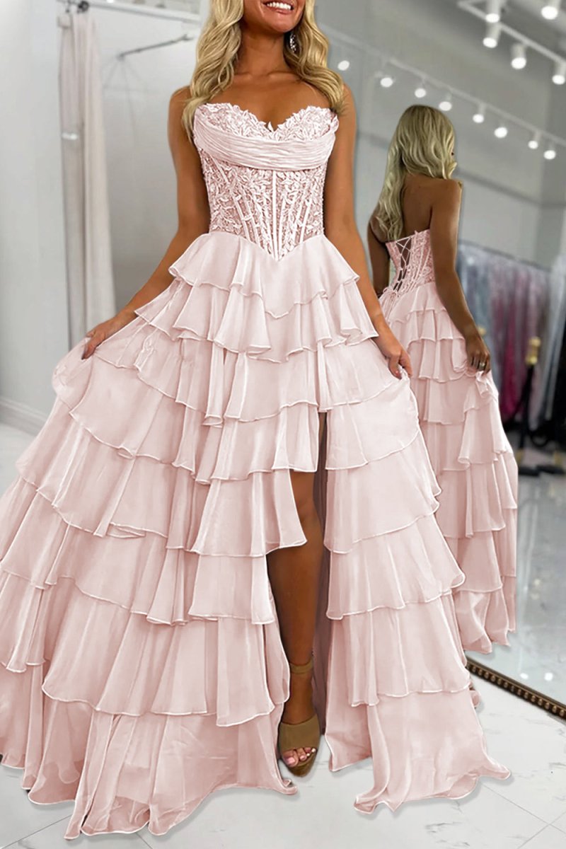 Pink - Strapless A Line Chiffon Ruffled Prom Dresses With Appliques