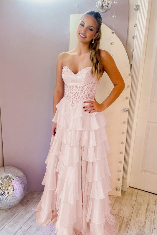 Pink - Strapless A Line Chiffon Ruffled Prom Dresses With Appliques