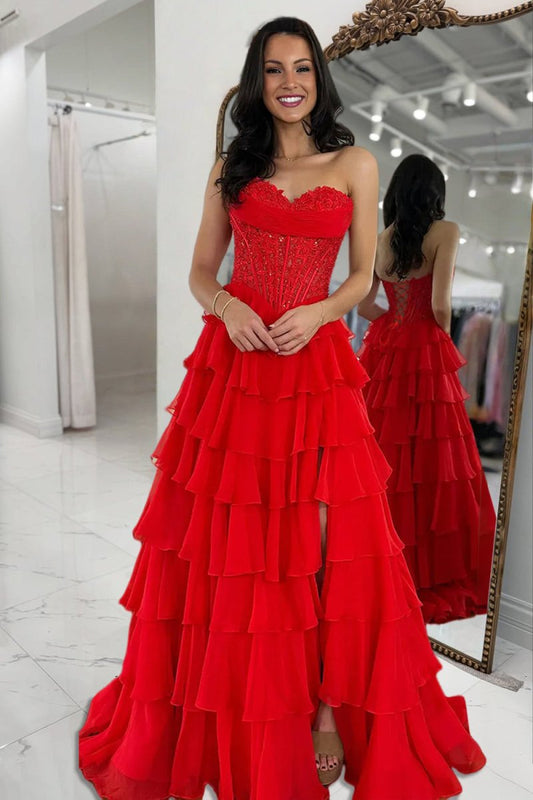 Red - Strapless A Line Chiffon Ruffled Prom Dresses With Appliques