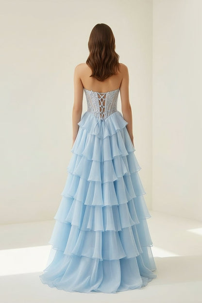 Sky Blue - Strapless A Line Chiffon Ruffled Prom Dresses With Appliques