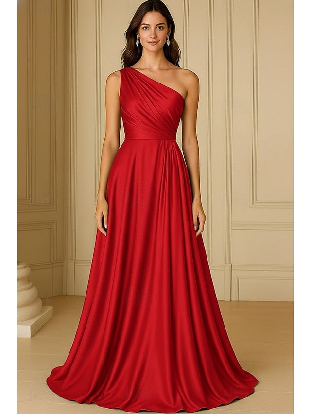 One Shoulder Sleeveless A-Line Floor-Length Formal Evening Dress